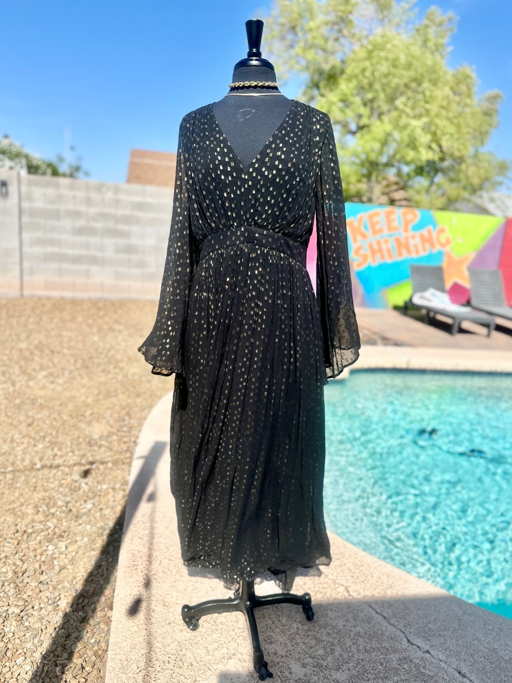 MILLE Caye Dress Gold Paisley Metallic Pleated Maxi Dress L